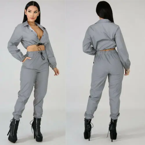 

Reflective Two Piece Set Drawstring Crop Top and Pants Hip Hop Club Festival Outfit Tracksuit Joggers Suit Jumpsuit Playsuit