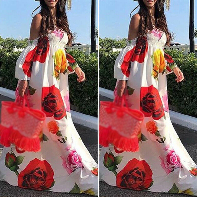 Женское платье с открытыми плечами длинным рукавом принтом топ-труба большое