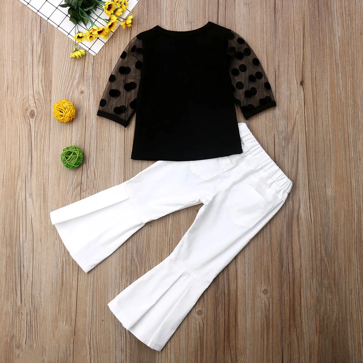 Комплект одежды с цветочным принтом для девочек черная футболка кружевом + белые