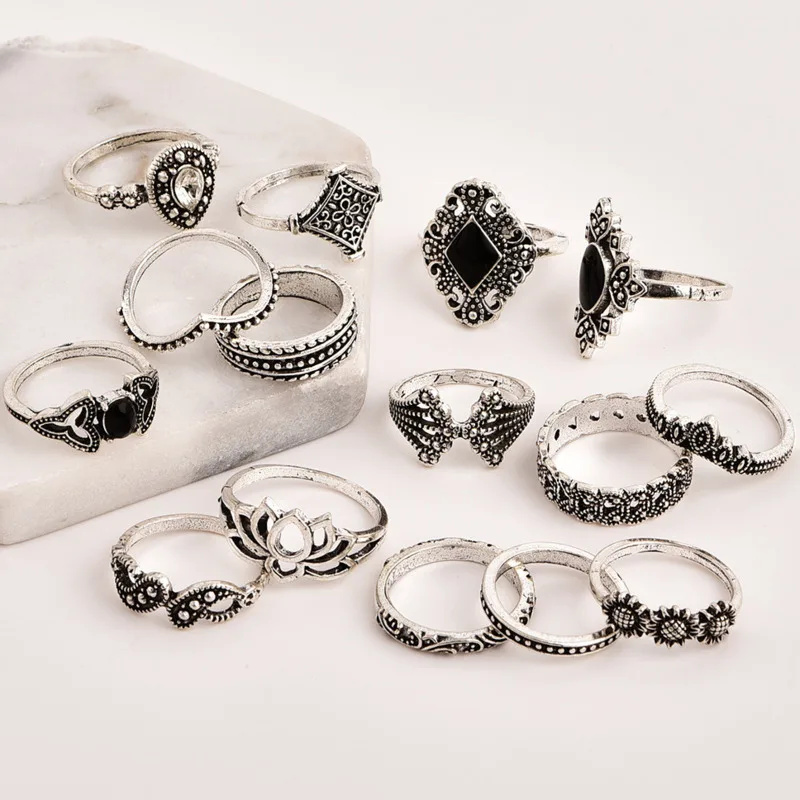 Женский комплект серебряных колец в богемном стиле с цветком и листьями лотоса