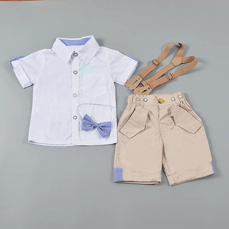 Summer style children's suit short sleeve bow-tie white shirt + suspender overalls 2 suits |