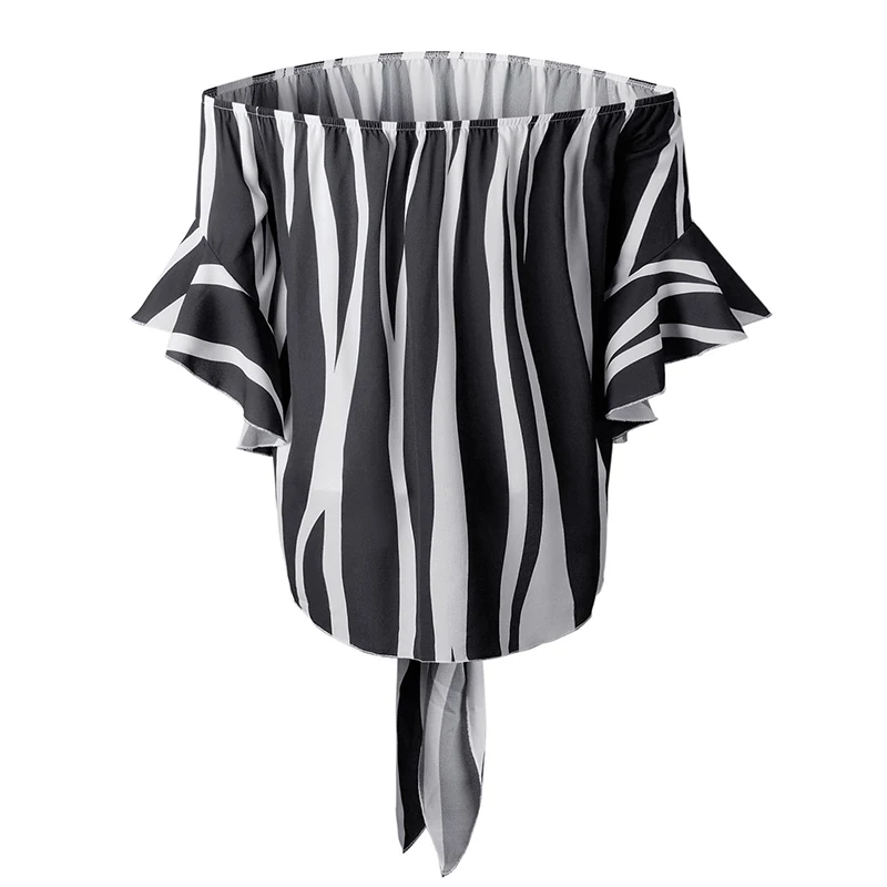 

Women Summer Casual Loose Blouse Shirt Short Flare Sleeve Striped Tops Camisas Mujer Lady Sexy Off Shoulder Bowkot Shirts Blusas