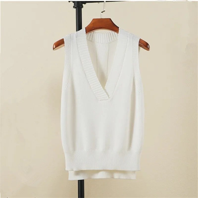 Повседневный вязаный свитер без рукавов с v образным вырезом однотонный пуловер
