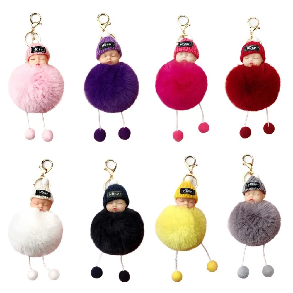 New Cute Sleeping Baby Doll Keychain Pompom Rabbit Fur Ball Key Chain Car Keyring Women Holder Bag Pendant Charm Accessory | Дом и сад