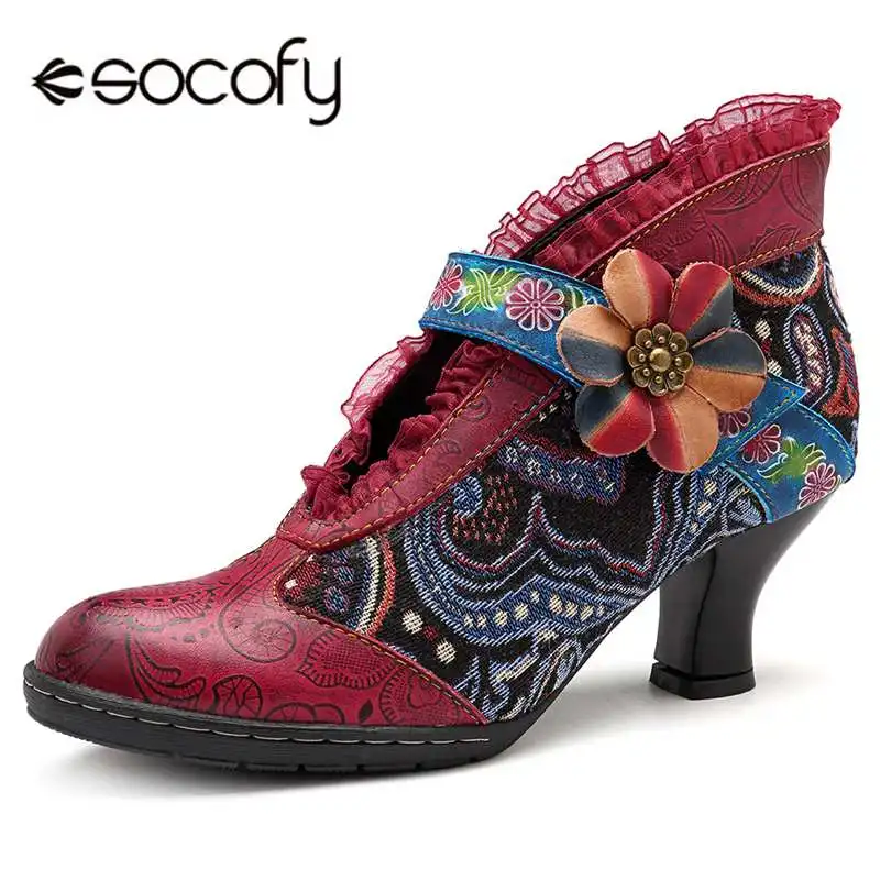

Туфли-лодочки Socofy женские из натуральной кожи, богемные, на высоком каблуке 5 см, с кружевными полями, с липучками, в стиле ретро