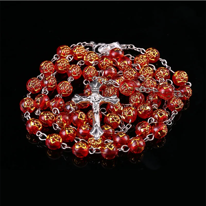 

8mm Round Rose Bead Necklace, Heart-shaped Rosary Jesus Pendant in Catholic Virgin Mary Center