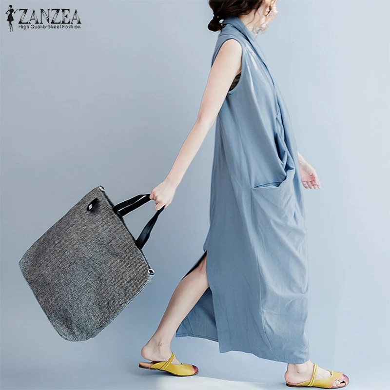 Платье ZANZEA женское голубое с V образным вырезом повседневный Асимметричный