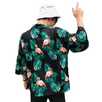 summer harajuku blouse men kimono flamingo floral coco leaf printed cardigan shirts male hawaiian beach loose open stitch tops