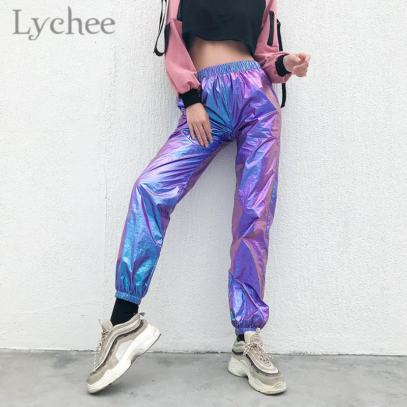 Lychee уличная блестящая Лазерная Для женщин брюки с эластичной резинкой на талии