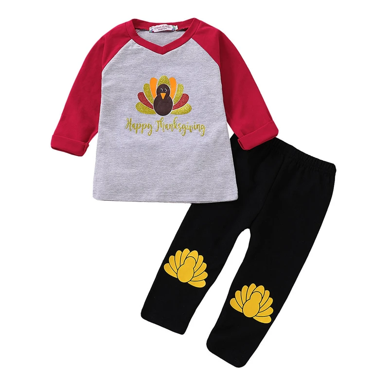 Thanksgiving Baby Kids Clothes Set Turkey Autmn/Winter Girl Boy Long Sleeve Cotton T-Shirt Tops+Solid Black Pants Outfits | Детская