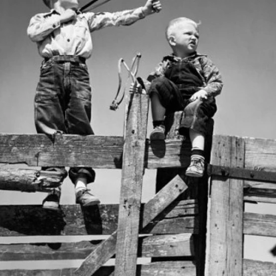 Низкий угол обзора двух мальчиков Холдинг рогатки плакат печать (18x24)|Таблички и