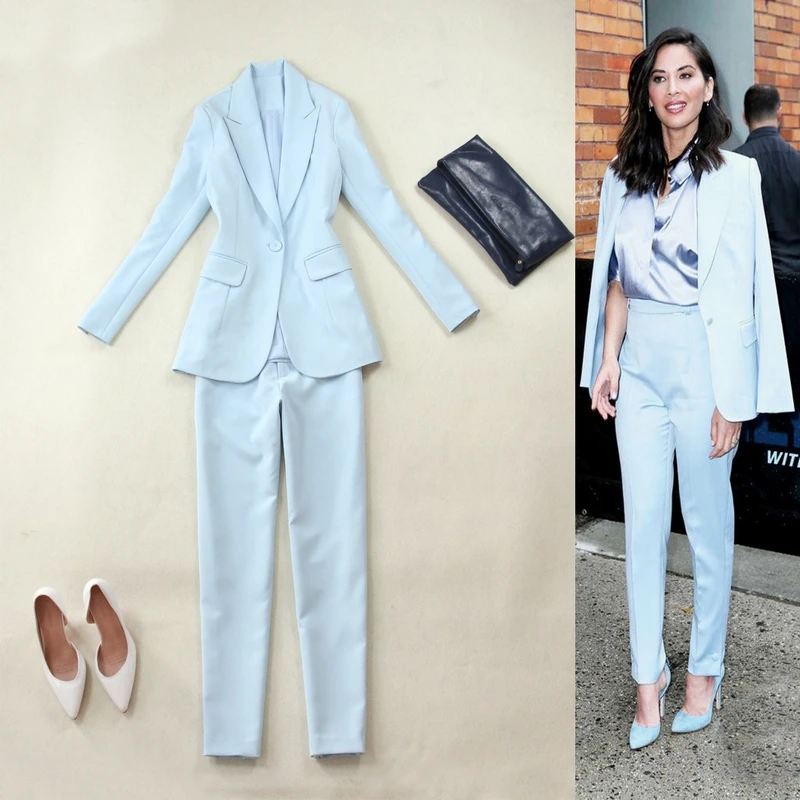 Professional suit femaleautumn and winter new light blue Slim one button long sleeve OL temperament suit small feet pants suit