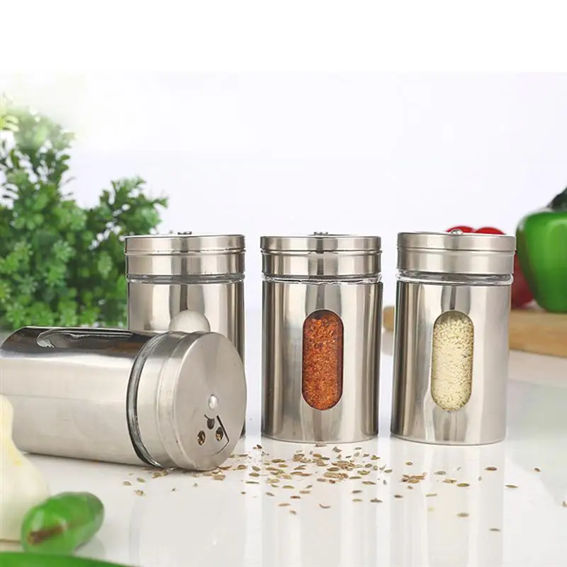 

6Pcs 100ML Stainless Steel Seasoning Storage Box Rotatable Adjustable Glass Condiment Bottle Pepper Spice Shaker (Silver)