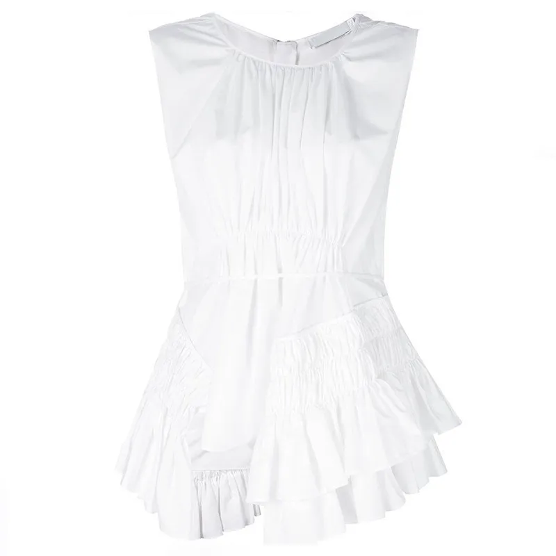 

TWOTWINSTYLE Casual Solid Sleeveless Women Blouse O Neck Slim Irregular Ruched Shirt Female Summer 2020 Fashion Clothes New