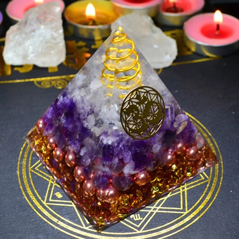 Natural Amethyst Orgonite Pyramid Energy Converter Orgone Aura Chakra Resin Decorative Craft Decoration Bring Good Luck Gift