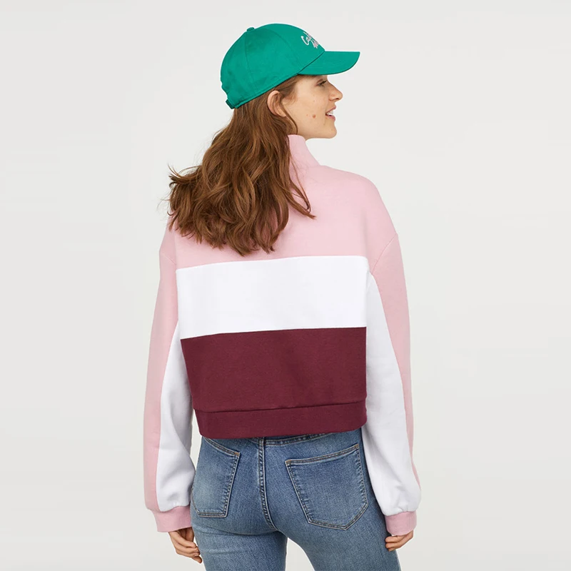 HYH HAOYIHUI 2018 Sports And Leisure College Style Girl Pink Color Stitching Ring Zipper Letter Print Hooded Sweater | Женская одежда