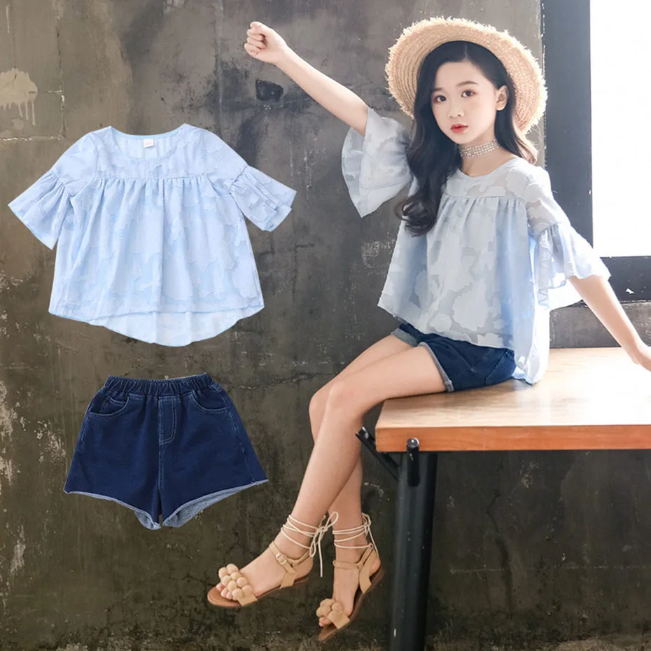 Summer clothes suit girl flower children denim for teen girls 6 8 12 years casual t-shirt + shorts 2 pieces | Детская одежда и