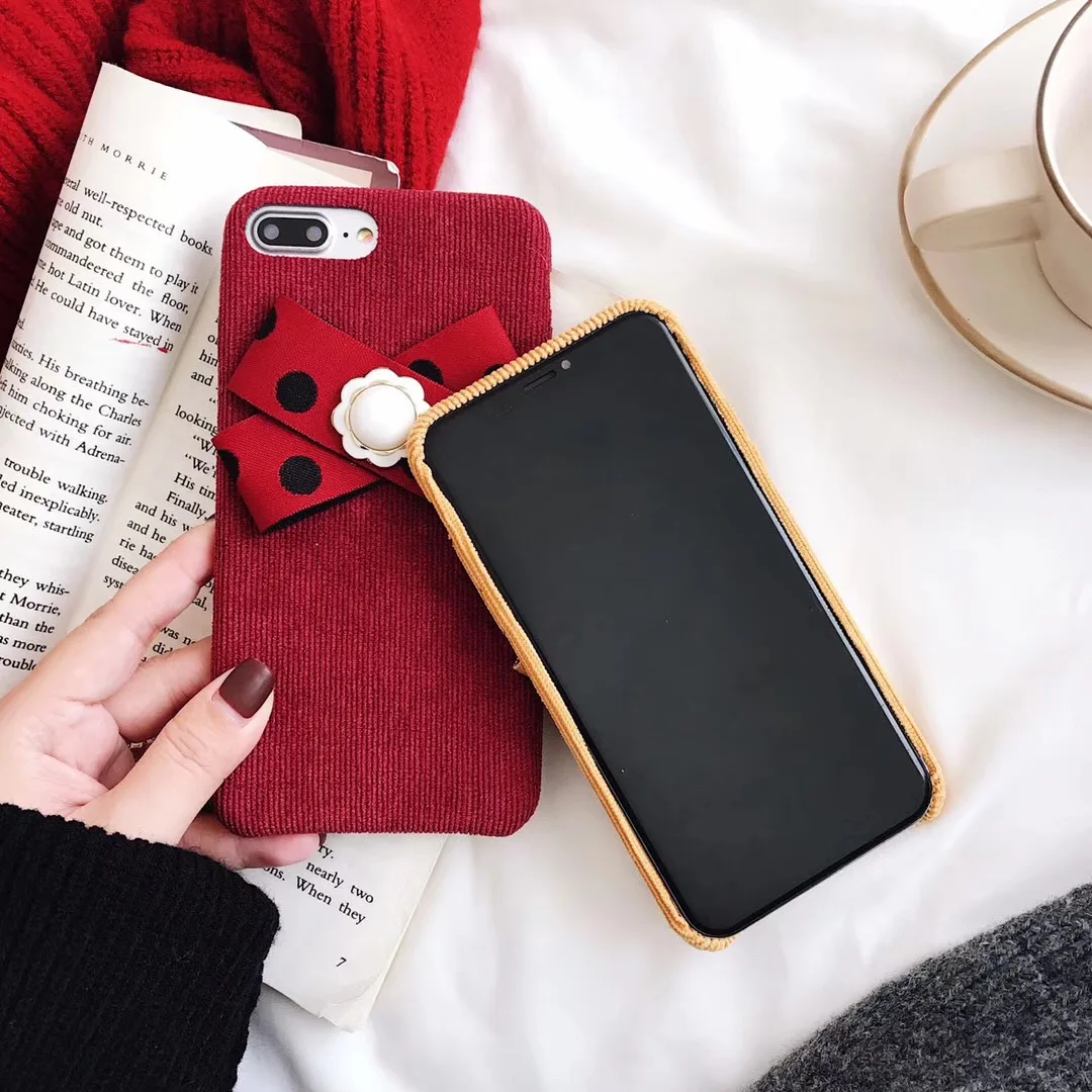 Autumn Winter Simple Corduroy Polka-dot Bow Mobile Phone Case for Iphone XR XS MAX Half-pack Back Cover 8 7 6 6splus Capa |