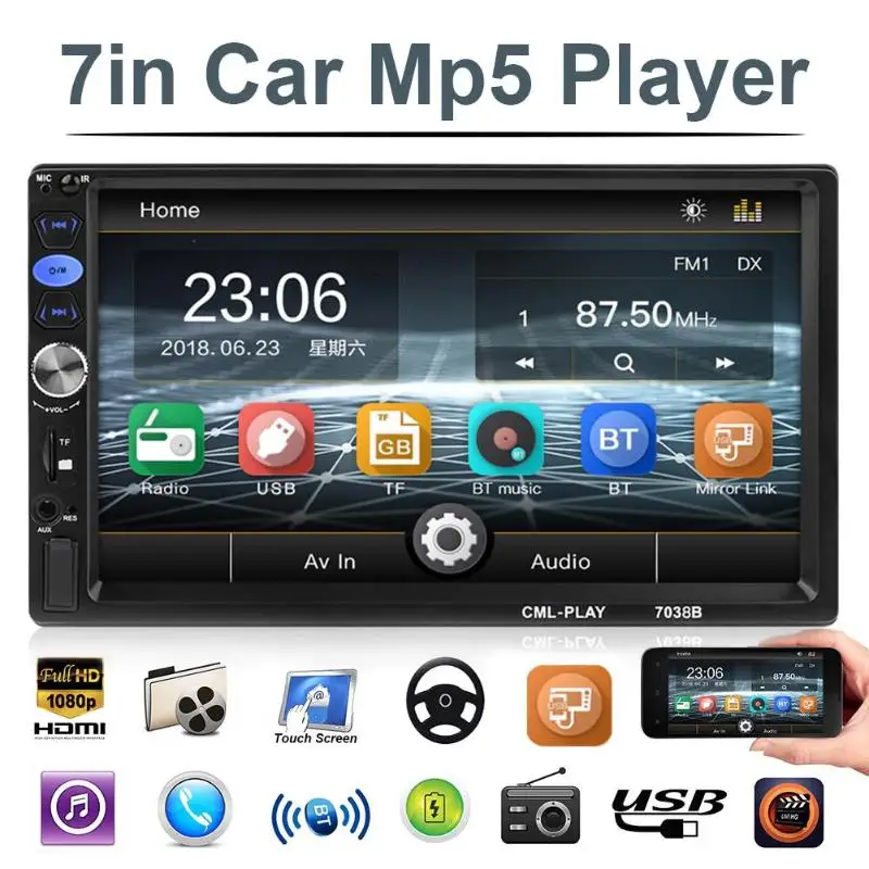 7038B 2Din 7 дюймов Автомобильный стерео MP5 плеер FM Радио Bluetooth USB головное устройство |