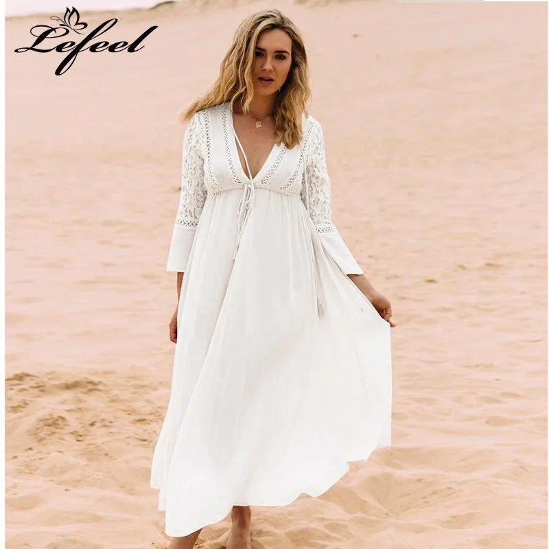 Sexy Hollow Lace Up Beach Dress Women Solid Bikini Cover V Bandage Beachwear Summer Long Sleeve Swimsuit Tunic Robe Sarong |