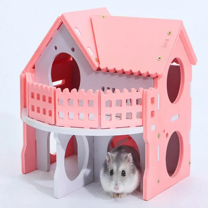 

Pink Wooden Hamster Net Ecological Double-Deck Ladder Villa Winter Warm Colorful Board Bed House Small Pet Sleeping House