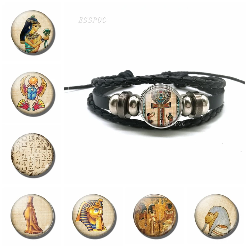 

Egyptian Ankh Cross Bracelet Vintage Ancient Egypt Anubis Scarab Goddess Black Multilayer Leather Bracelet for Men Women