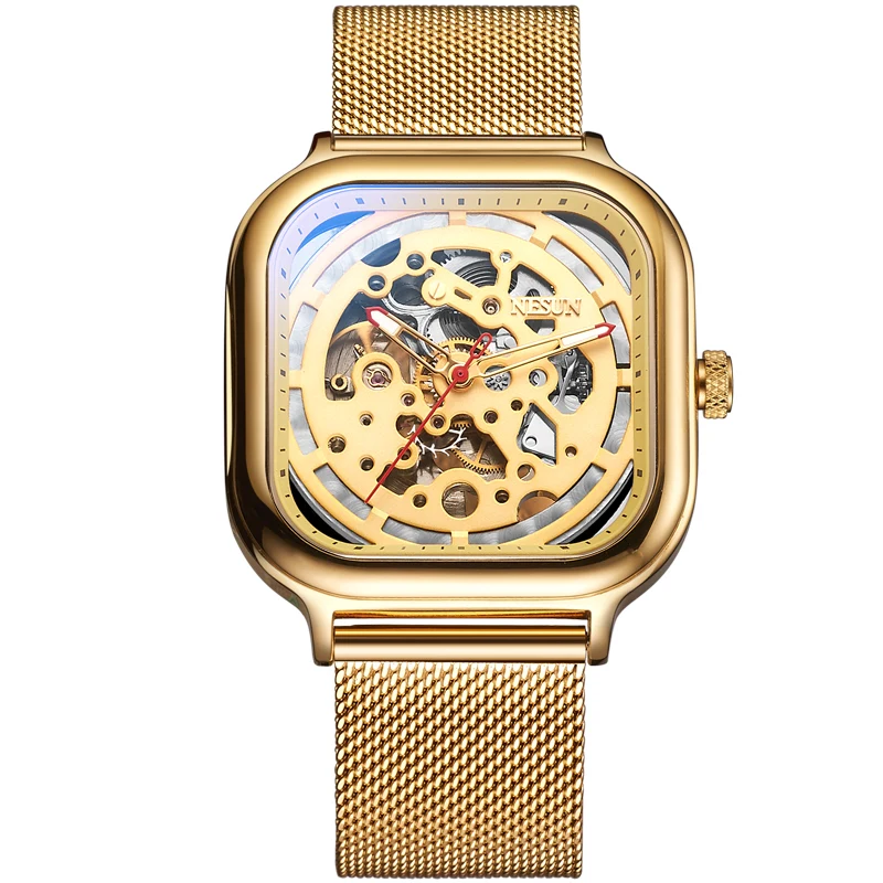 

NESUN New Fashion Gold Watch Men Hollow Automatic Mechanical WristWatch Luminous Stainless Sport Watches Male Clock montre homme