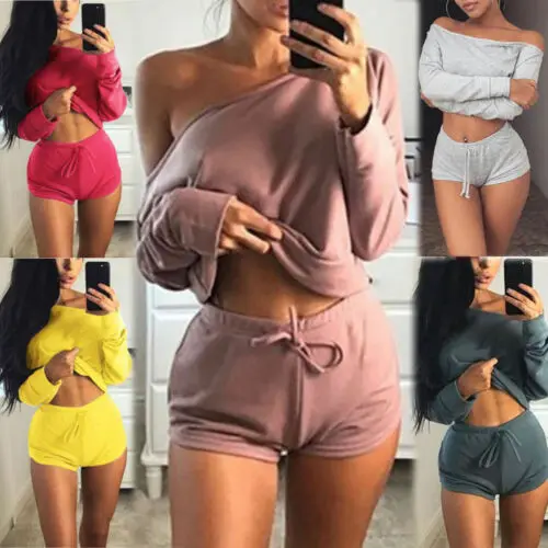 Женские модные комплекты из 2 предметов спортивный костюм короткий топ на одно