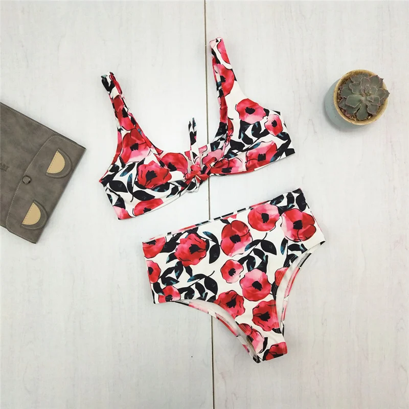 Женский комплект бикини с цветочным принтом пуш ап купальник бантом и высокой