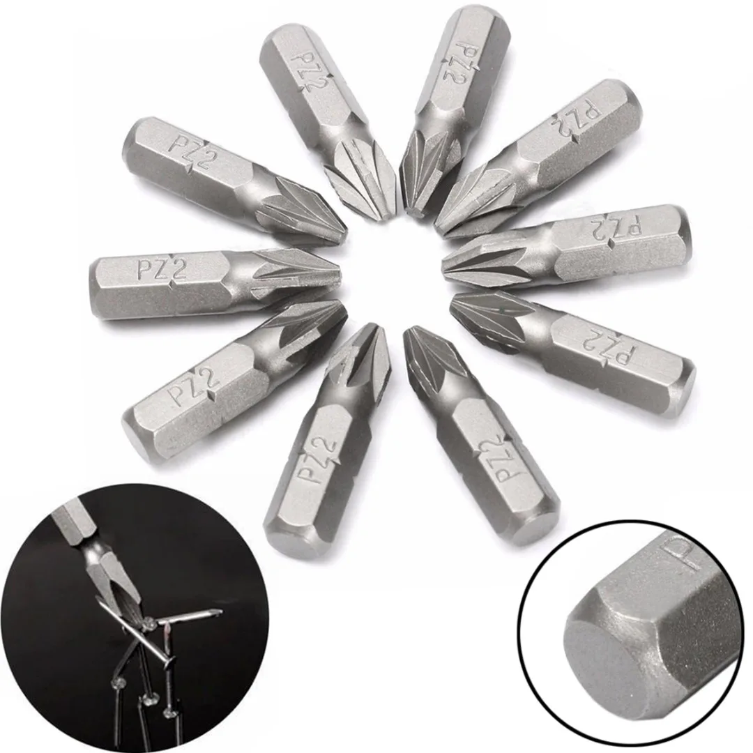 

10pcs x Sliver Pozi 2 PZ2 x 25mm Drive Screwdriver Bits Hex Magnetic Power Tools