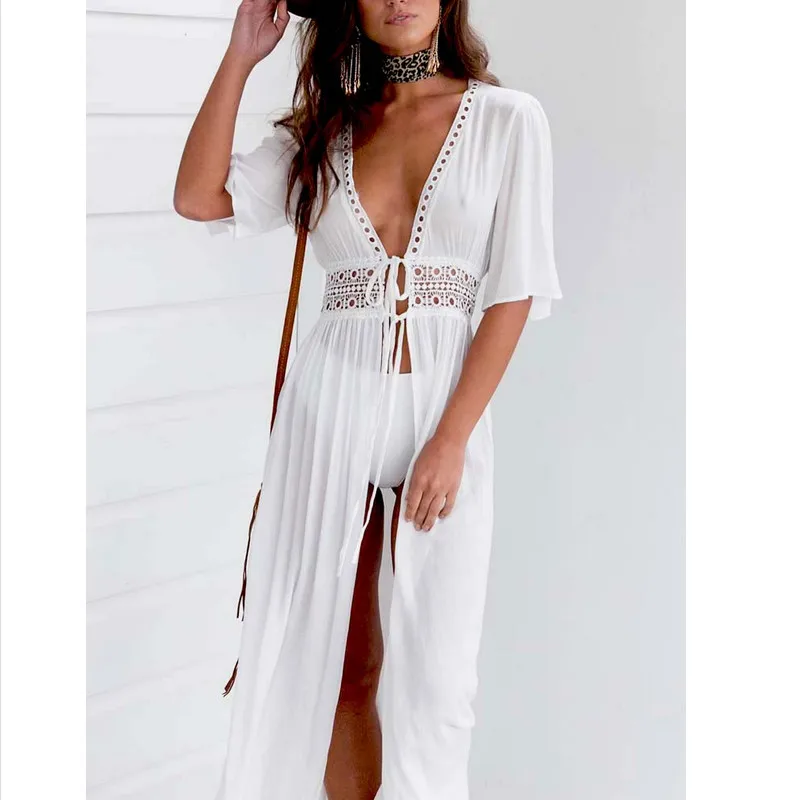 Женская Длинная Блузка Boho белая блузка с глубоким вырезом и шнуровкой лето