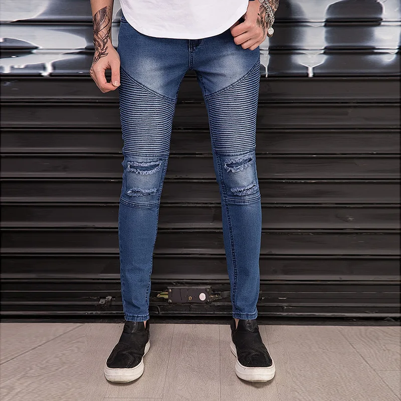 Синие джинсовые брюки мужские Плиссированные джинсы повседневные Homme | Мужская