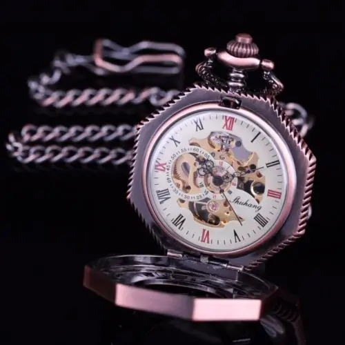 Double Roman Number Skeleton Steampunk Hollow Case Half Hunter Polygon Copper Tone Retro Wind Up Men Pocket Watch | Наручные часы
