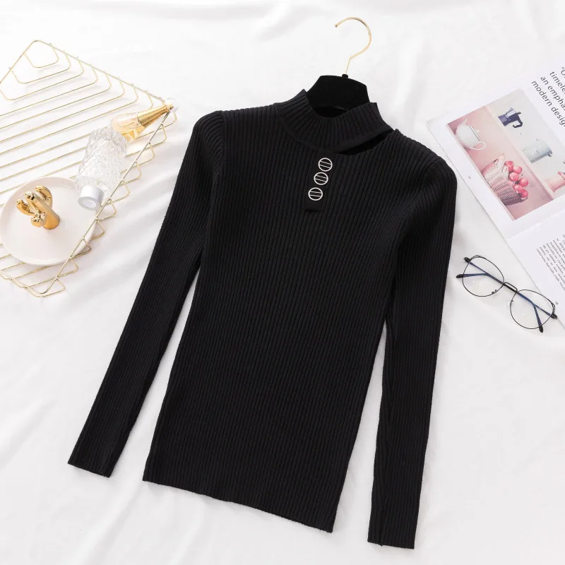 Kawaii Round Neck Women Knitting Sweater Long Sleeve Black White Knitted Sweaters And Pullovers Sueter Mujer Tops | Женская одежда