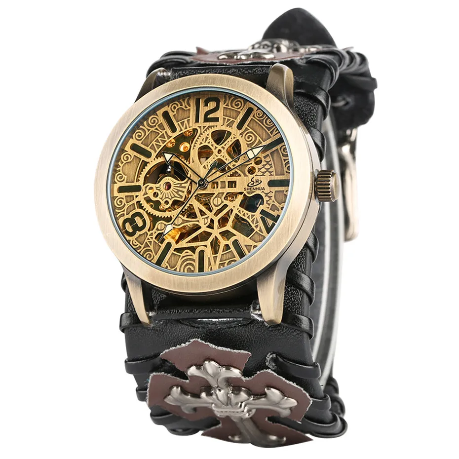 

Steampunk Watch Men Automatic Mechanical Mens Watches Skeleton Self Winding Leather Retro Wristwatches reloj