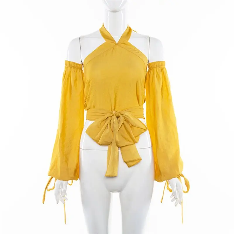 Блузка с открытыми плечами женская желтая шикарная Boho пляжная Холтер