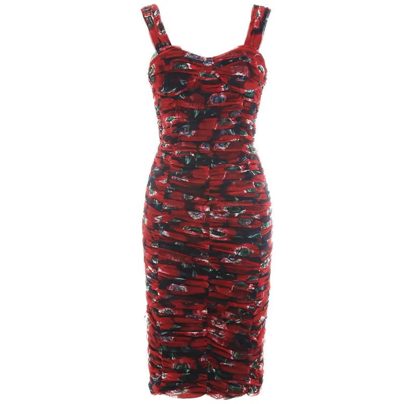 Пикантные сетчатые Ruched Bodycon платье для женщин красный цветочный принт спагетти