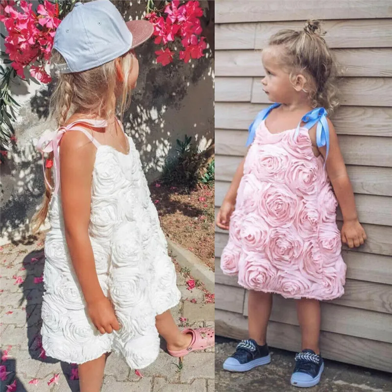 Fashion Kids Baby Girls Summer Princess Dress 3D Flowers Sleeveless Sling Tutu Party Wedding Dresses Lace-up Straight 1-6Y | Детская