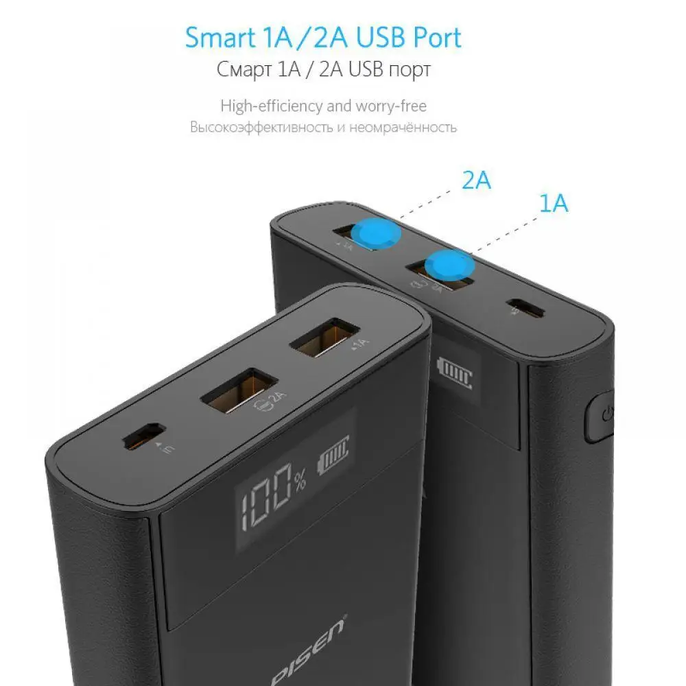 PISEN реальная 20000 mAh Мощность Bank Dual USB Портативный ЖК дисплей bank внешняя Батарея