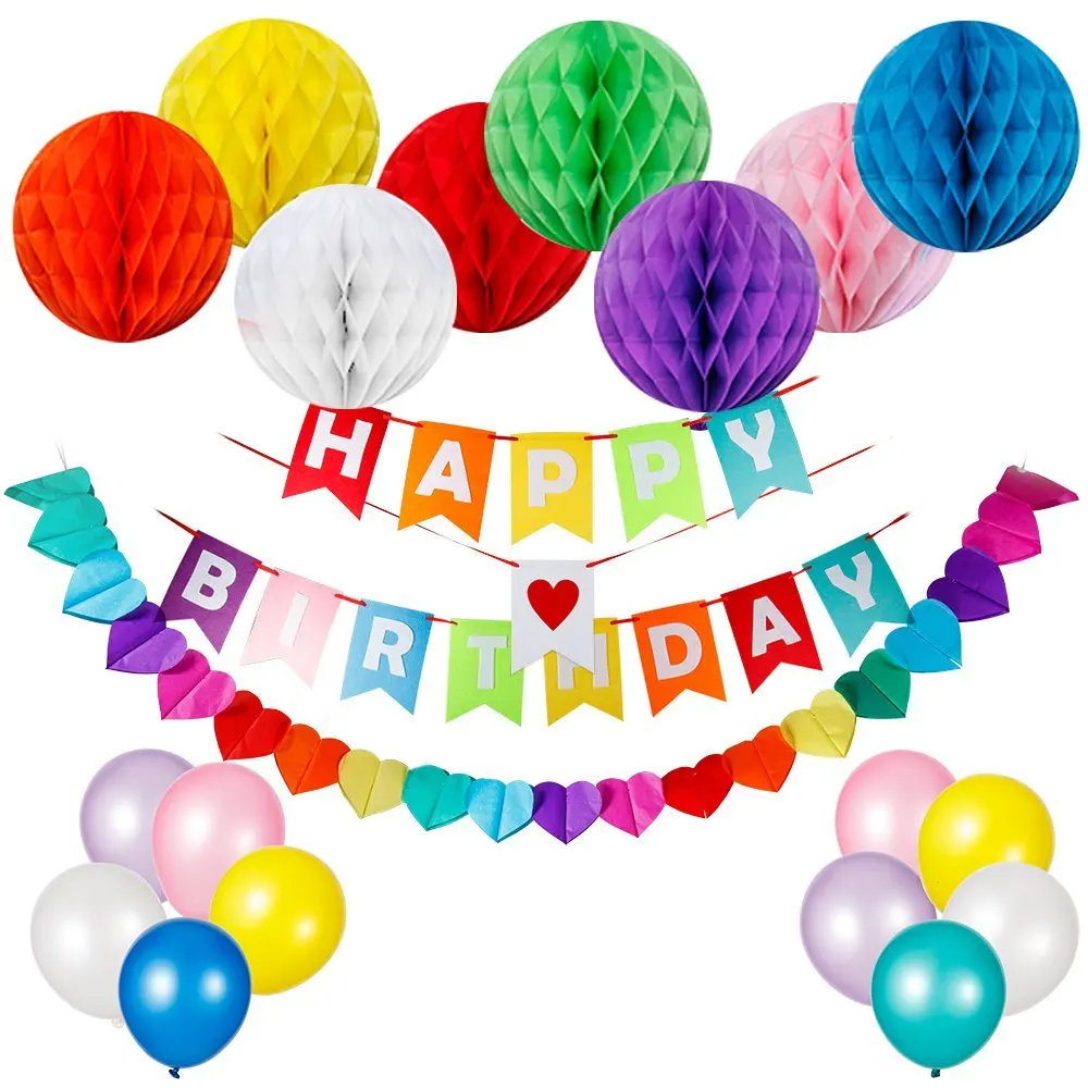 Happy Birthday Party Decorations Banner Garland Colorful Fiesta Paper Fans Latex Balloons Rainbow 27pcs/set | Дом и сад