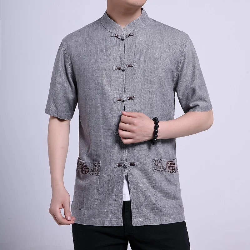 

New summer men's thin section Hanfu Chinese style loose short-sleeved embroidery retro large size Gray shirt Free shipping