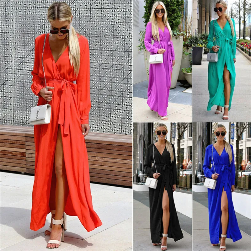 Женское длинное платье Boho Пляжное Платье до щиколотки с треугольным вырезом и