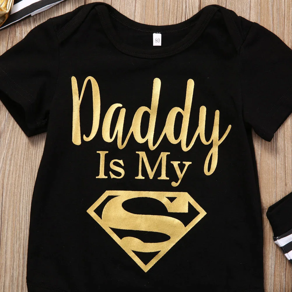 Dad is My Superman Newborn Infant Baby Girls Clothes Short Sleeve Romper Striped Legging Warmer Headwear 3PCS Outfit Clothing | Детская
