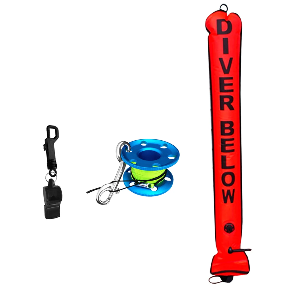 

4FT Orange Scuba Diver Diving (SMB) Surface Marker Buoy Signal Tube + Finger Spool Reel Line Double Ended Bolt Snap + Whistle