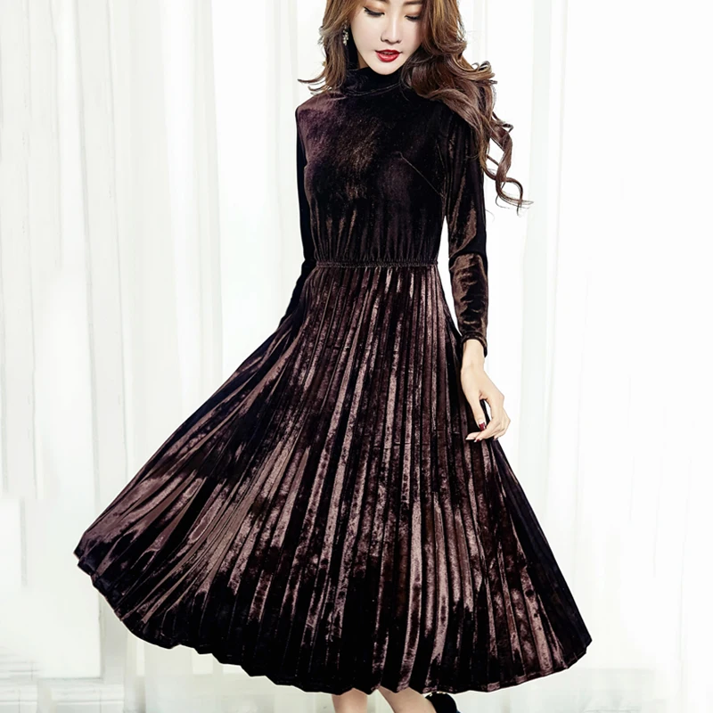 XXXXL Большие размеры Осень-зима винтажные однотонные бархатные платья с длинным