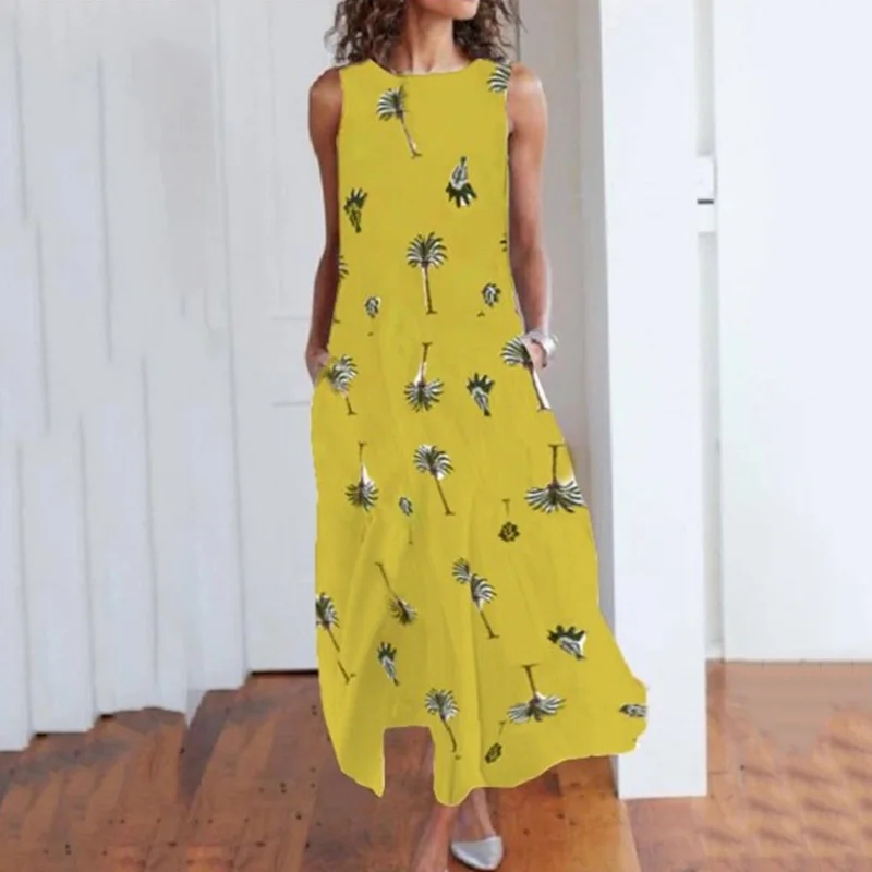 Летнее женское свободное платье большого размера с круглым вырезом без рукавов