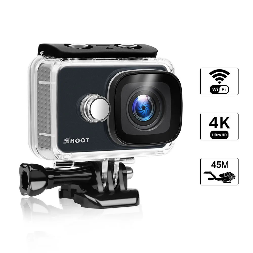 Экшн камера SHOOT 4K Wi Fi 1080P 14MP Спортивная угол обзора 170 градусов 2 &quotЖК экран с