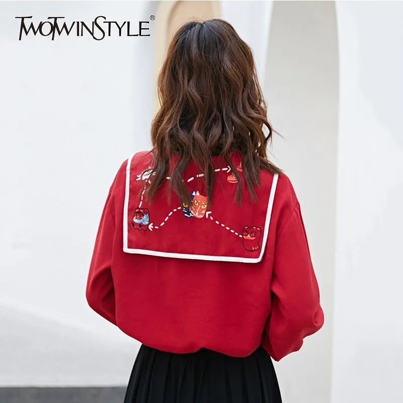 TWOTWINSTYLE Vintage Womens Shirts Blouse Sailor Collar Lantern Long Sleeve Hit Colors Embroidery Tops Female Spring 2019 New |
