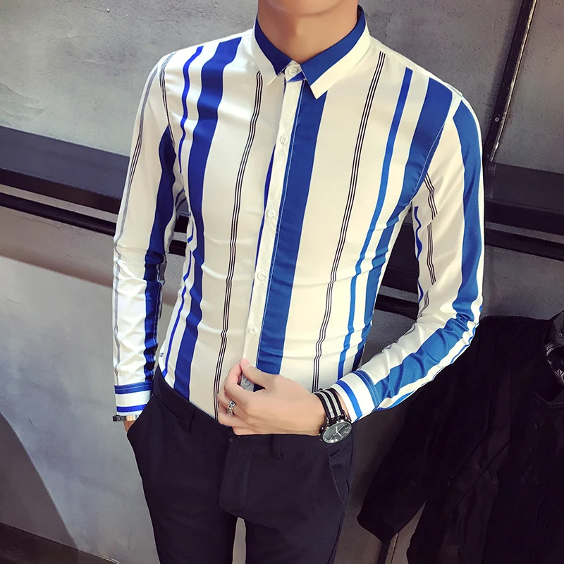 Высокое качество Весна новая рубашка мужская 2019 Slim Fit полосатый Смокинг Рубашка с