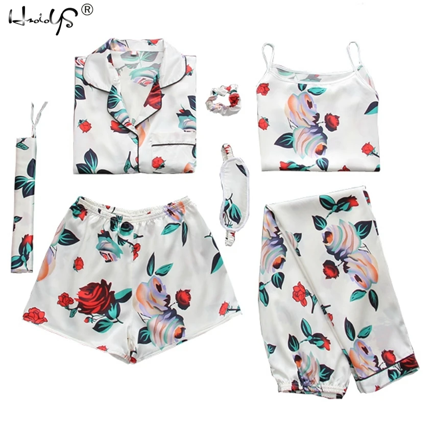 Женский пижамный комплект из 7 предметов мягкая шелковая атласная пижама